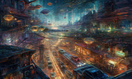 Digital painting of the streets of London at night. The city is a major tourist attraction, Ghostpunk illustration, dark fantasy artの素材