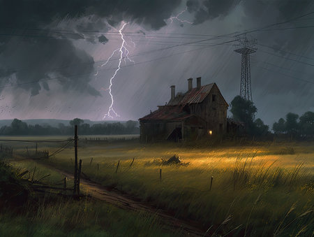 Stormy sky over an abandoned house in the meadow with lightning, Ghostpunk illustration, dark fantasy artの素材