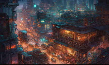 3D rendering of a futuristic city in the night with neon lights, Ghostpunk illustration, dark fantasy artの素材