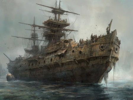 Sunken ship in the sea with smoke. Digital painting, Ghostpunk illustration, dark fantasy artの素材