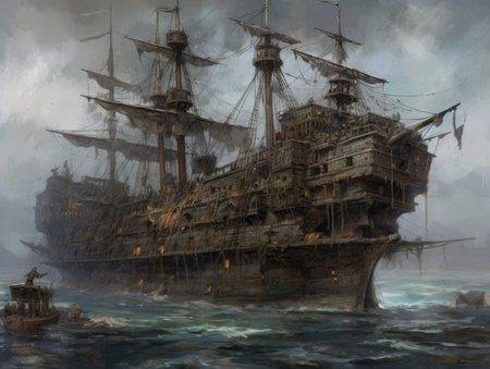 Digital painting of a pirate ship in the ocean. Vintage style, Ghostpunk illustration, dark fantasy artの素材