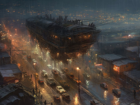 Digital painting of a city at night, with heavy fog in the background, Ghostpunk illustration, dark fantasy artの素材