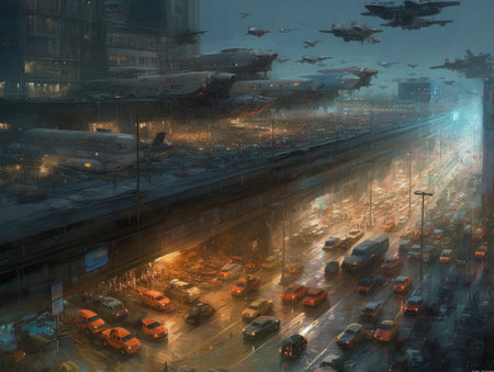 Traffic jam in the city at night, digital painting illustration, Ghostpunk illustration, dark fantasy artの素材