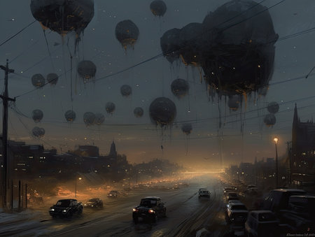 Fantasy landscape with hot air balloons flying over the city at night, Ghostpunk illustration, dark fantasy artの素材