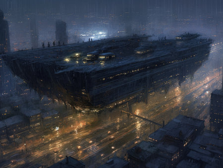3D illustration of a modern city at night with lights and fog, Ghostpunk illustration, dark fantasy artの素材