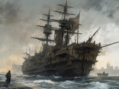 Digital painting of a pirate ship in the middle of the ocean, Ghostpunk illustration, dark fantasy artの素材