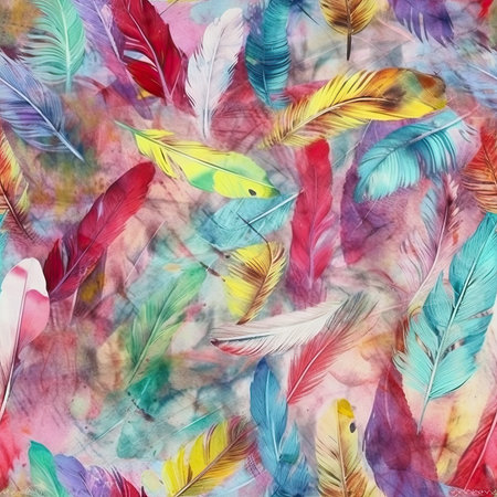 Seamless pattern with colorful feathers. Watercolor hand drawn illustration. Watercolor scrapbooking seamless background, pastel.の素材