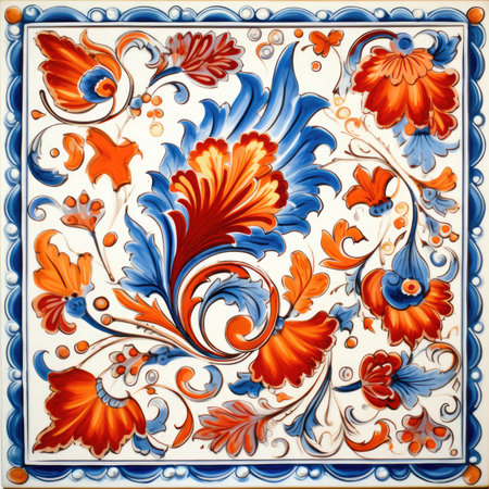 Traditional greek floral ornament in blue and orange colors on a white background, glazed tile pattern with classic ornament, khohloma, gzhel, folkの素材