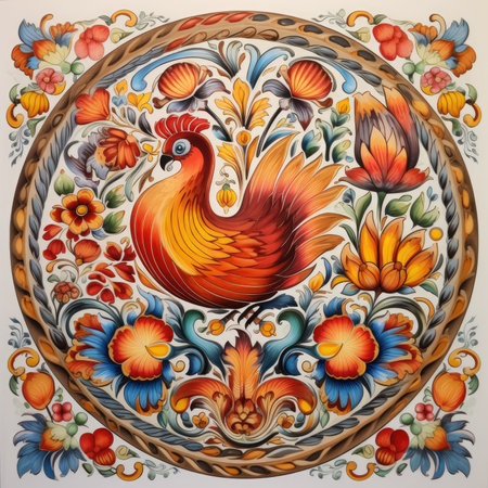 folk art painting. Colorful rooster on the floral background, glazed tile pattern with classic ornament, khohloma, gzhel, folkの素材