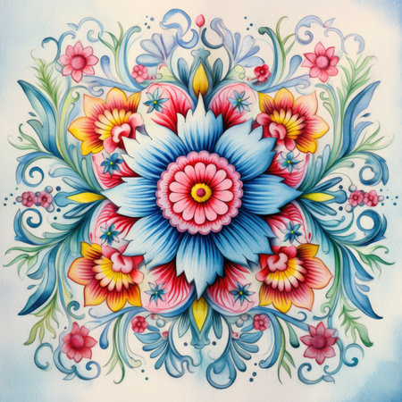 floral ornament on a white background. drawing in the style of Russian folk art, glazed tile pattern with classic ornament, khohloma, gzhel, folkの素材