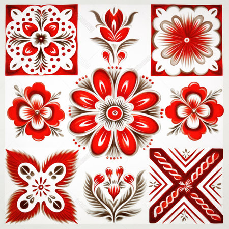 Set of decorative elements for design. You can use it for invitations, notebook covers, phone case, postcards, , glazed tile pattern with classic ornament, khohloma, gzhel, folkの素材