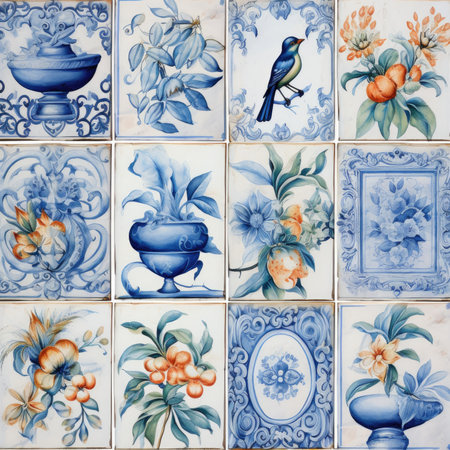 Detail of a typical portuguese azulejo tiles, glazed tile pattern with classic ornament, khohloma, gzhel, folkの素材