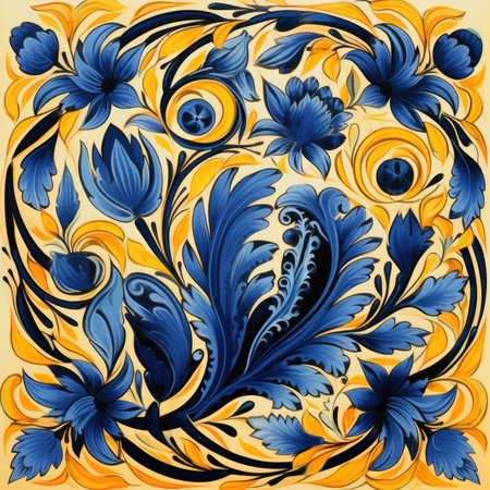 abstract floral pattern with blue and yellow flowers on a yellow background, glazed tile pattern with classic ornament, khohloma, gzhel, folkの素材