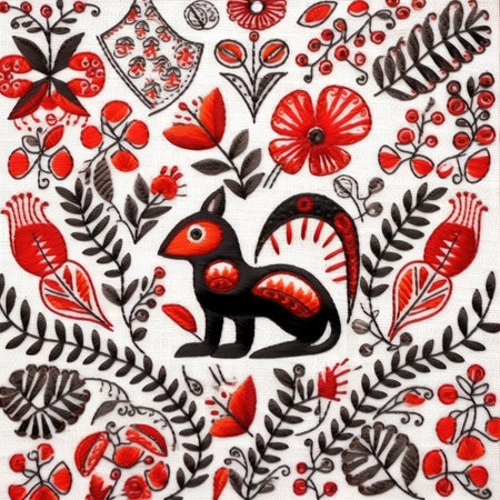 Fabric texture with a picture of a bird on a red background, glazed tile pattern with classic ornament, khohloma, gzhel, folkの素材