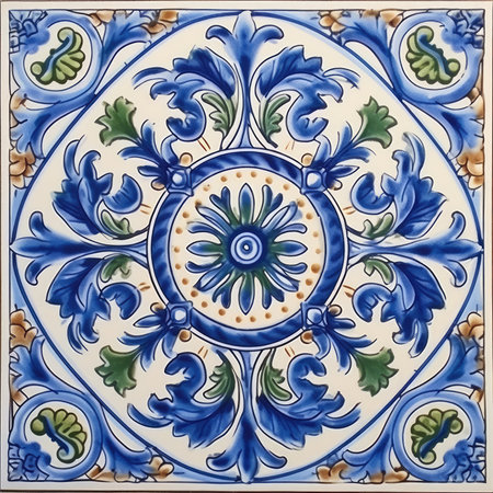 Detail of a typical portuguese azulejo ceramic tile, glazed tile pattern with classic ornament, khohloma, gzhel, folkの素材