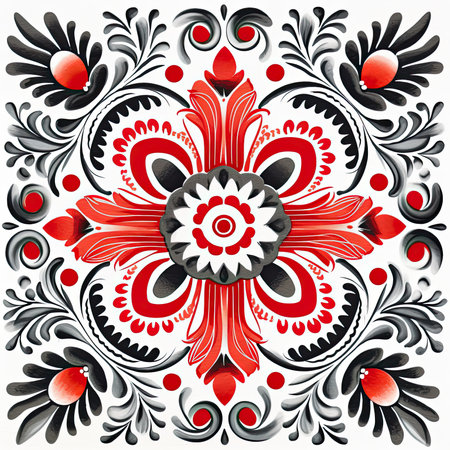abstract floral pattern with red and black elements in gzhel style, glazed tile pattern with classic ornament, khohloma, gzhel, folkの素材
