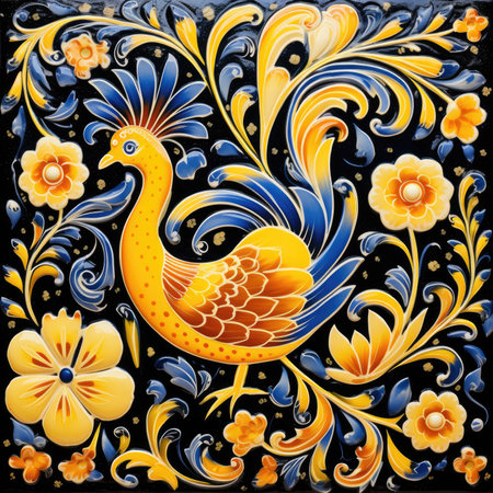 abstract floral background with a peacock in gzhel style, glazed tile pattern with classic ornament, khohloma, gzhel, folkの素材