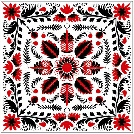 Beautiful folk art pattern in red and black. Vector illustration, glazed tile pattern with classic ornament, khohloma, gzhel, folkの素材