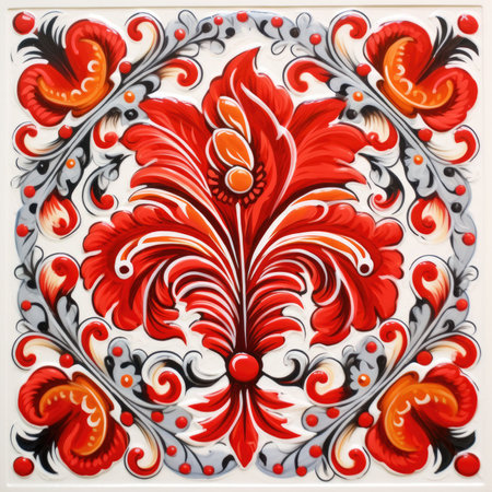 Decorative floral ornament on the wall. Decorative element for design, glazed tile pattern with classic ornament, khohloma, gzhel, folkの素材