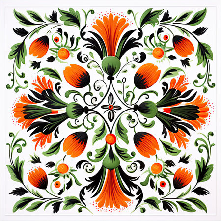 Vector illustration of floral ornament in Ukrainian folk style on white background, glazed tile pattern with classic ornament, khohloma, gzhel, folkの素材