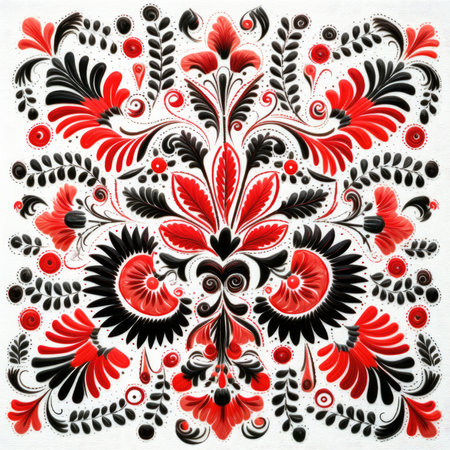 Traditional Ukrainian folk embroidery on fabric. Red and black flowers on white background, glazed tile pattern with classic ornament, khohloma, gzhel, folkの素材