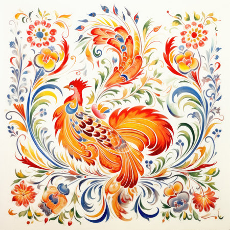 Russian folk painting. Colorful rooster on a white background, glazed tile pattern with classic ornament, khohloma, gzhel, folkの素材