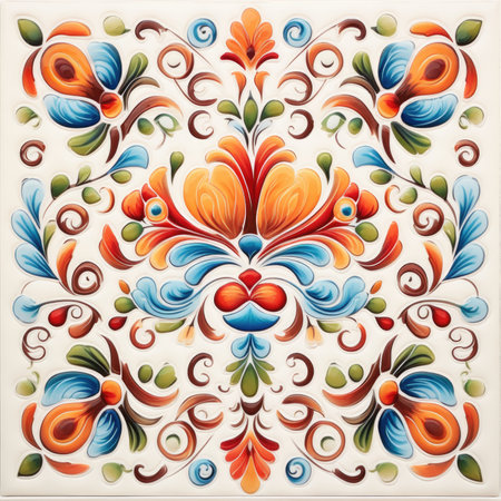 Abstract floral pattern in the style of the sixties. Colorful background, glazed tile pattern with classic ornament, khohloma, gzhel, folkの素材
