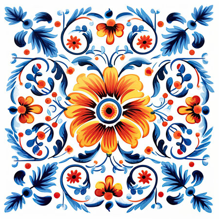 Paisley floral pattern. Vector illustration in Ukrainian folk style, glazed tile pattern with classic ornament, khohloma, gzhel, folkの素材