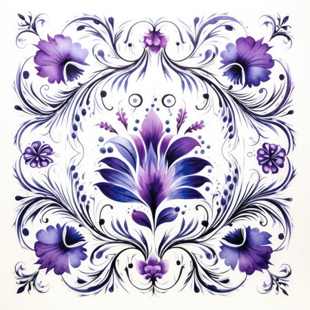 Abstract floral ornament in Ukrainian folk style. Watercolor painting on white background, glazed tile pattern with classic ornament, khohloma, gzhel, folkの素材