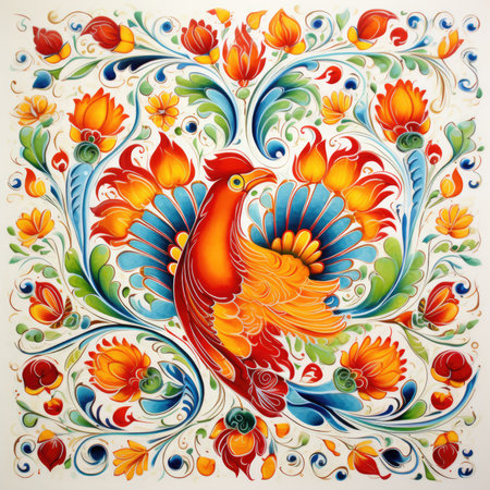 Russian folk art painting. Stylized bird on a floral background, glazed tile pattern with classic ornament, khohloma, gzhel, folkの素材