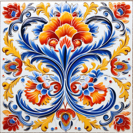 Detail of a portuguese azulejos ceramic tile, glazed tile pattern with classic ornament, khohloma, gzhel, folkの素材