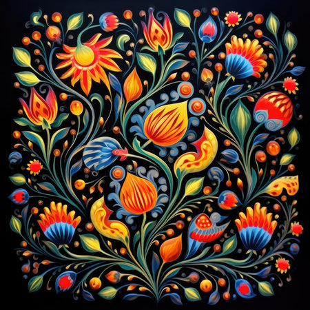Russian folk art. Colorful floral ornament on a black background, glazed tile pattern with classic ornament, khohloma, gzhel, folkの素材