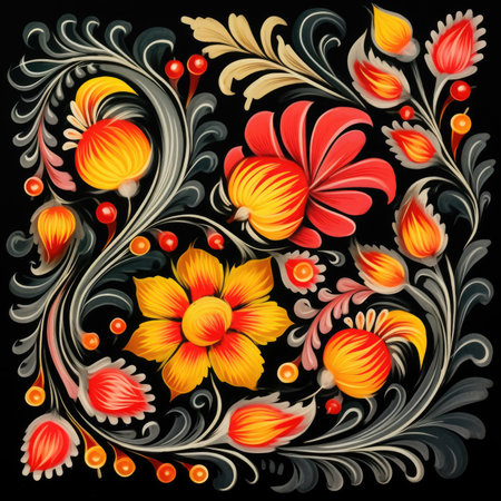 abstract floral pattern in ukrainian karakoko style, glazed tile pattern with classic ornament, khohloma, gzhel, folkの素材