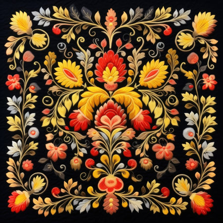 Embroidery floral pattern on black background. Vector illustration, glazed tile pattern with classic ornament, khohloma, gzhel, folkの素材