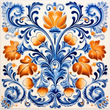 Blue and orange floral pattern in gzhel style. Vector illustration, glazed tile pattern with classic ornament, khohloma, gzhel, folkの素材