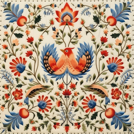 Vintage floral pattern with birds and flowers on a white background, glazed tile pattern with classic ornament, khohloma, gzhel, folkの素材