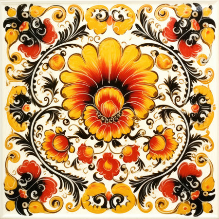 Vintage floral ornament with flowers and leaves in gzhel style, glazed tile pattern with classic ornament, khohloma, gzhel, folkの素材