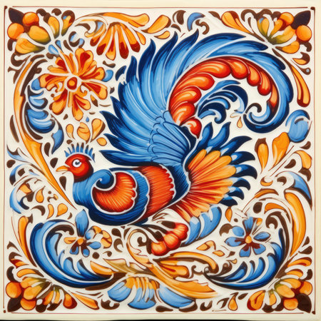 Traditional Ottoman Turkish Tiles with floral patterns in the form of birds, glazed tile pattern with classic ornament, khohloma, gzhel, folkの素材