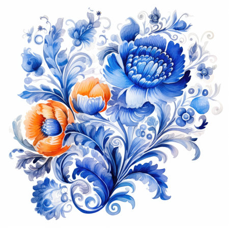 Watercolor painting of blue and orange flowers in gzhel style, glazed tile pattern with classic ornament, khohloma, gzhel, folkの素材