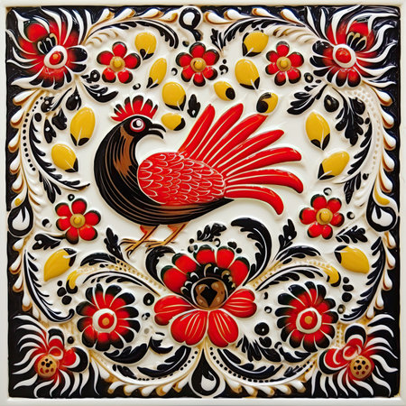 Colorful ceramic tile for the walls of the houserated with a pattern of flowers and birds, glazed tile pattern with classic ornament, khohloma, gzhel, folkの素材