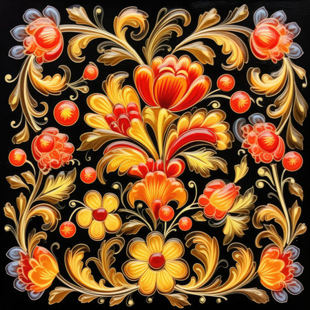 abstract floral ornament in ukrainian folk style for your design, glazed tile pattern with classic ornament, khohloma, gzhel, folkの素材