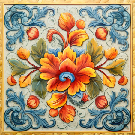 Colorful floral pattern on the wall. Close-up of decorative ornament, glazed tile pattern with classic ornament, khohloma, gzhel, folkの素材