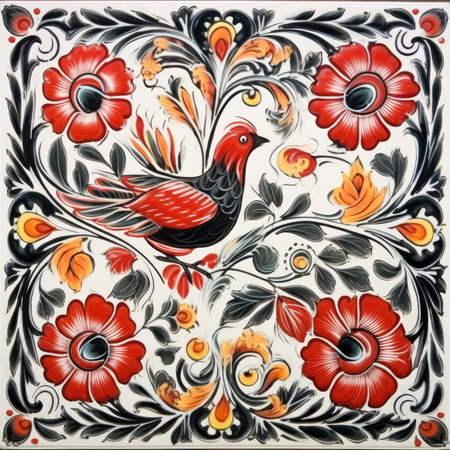 Vintage floral pattern in gzhel style with birds and flowers, glazed tile pattern with classic ornament, khohloma, gzhel, folkの素材
