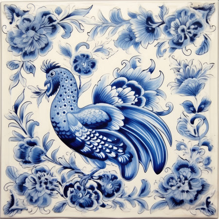 Blue and white floral pattern with a rooster on a white background, glazed tile pattern with classic ornament, khohloma, gzhel, folkの素材