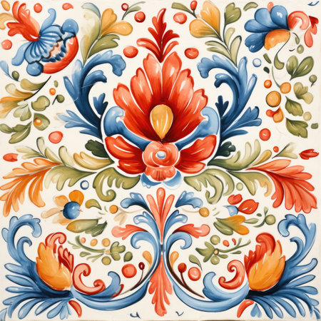 vintage floral background. Hand drawn illustration in Russian folk style, glazed tile pattern with classic ornament, khohloma, gzhel, folkの素材