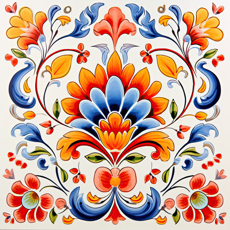 Vector illustration of abstract floral ornament in Russian folk style on light background, glazed tile pattern with classic ornament, khohloma, gzhel, folkの素材