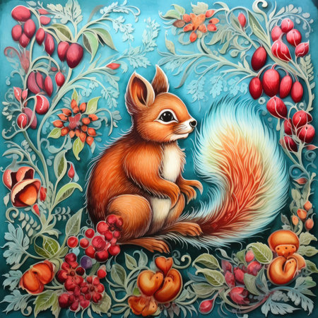 Red squirrel on a blue background with berries and berries. Illustration, glazed tile pattern with classic ornament, khohloma, gzhel, folkの素材