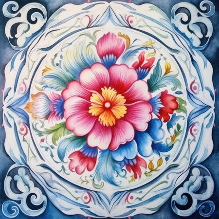 Colorful floral pattern on the ceramic plate. Hand-drawn illustration, glazed tile pattern with classic ornament, khohloma, gzhel, folkの素材