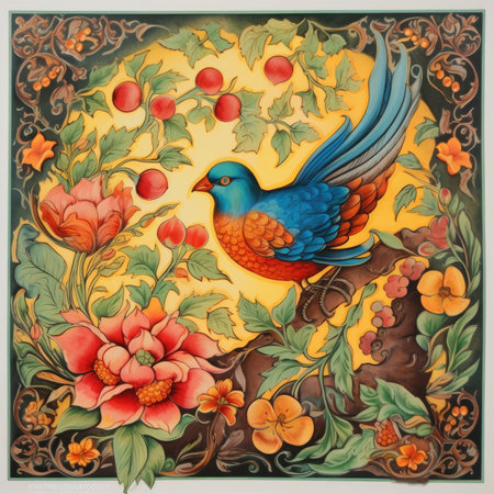 Vintage floral background with birds and flowers. Russian folk painting, glazed tile pattern with classic ornament, khohloma, gzhel, folkの素材