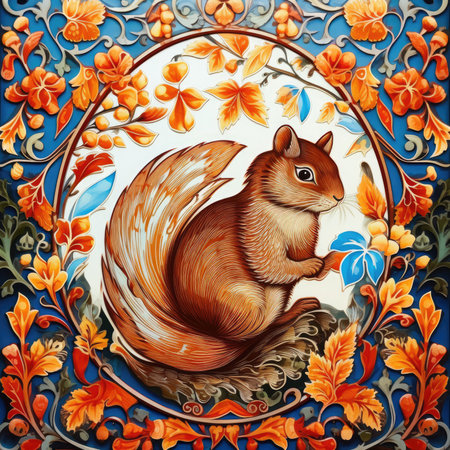 Illustration of squirrel in a floral frame on a blue background, glazed tile pattern with classic ornament, khohloma, gzhel, folkの素材